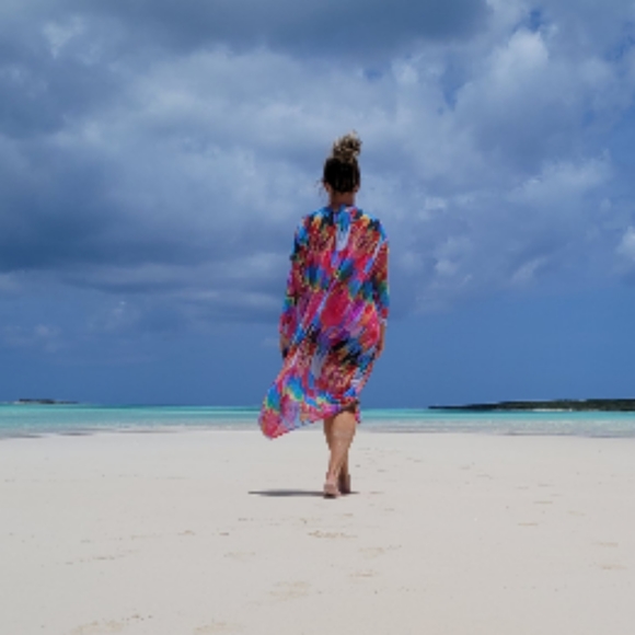 New Rainbow Feather Swim Cover Up Kimono Duster - Picture 7 of 10